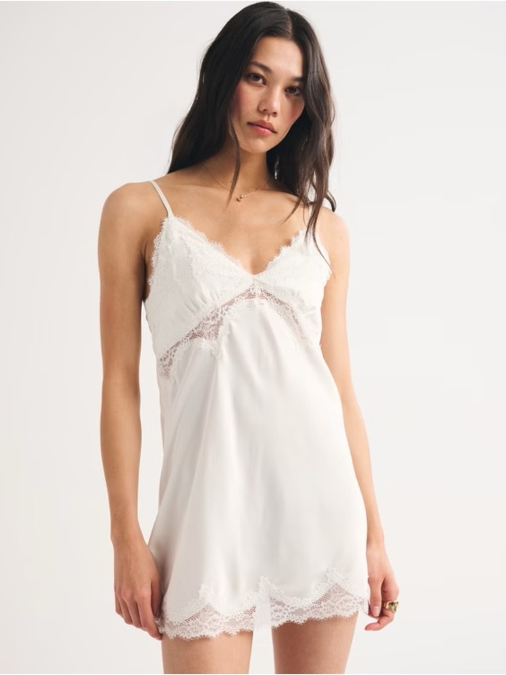 Abercrombie & Fitch White Lace-Trim Satin Chemise